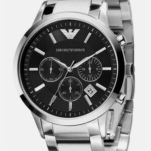 Emporio Armani Black Dial Silver Band Watch